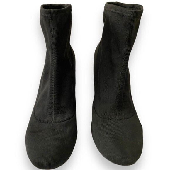 Gunmetal Black Sock Ankle Booties Slip On Round Toe Ribbed Fabric Boots Chunky - Picture 4 of 10